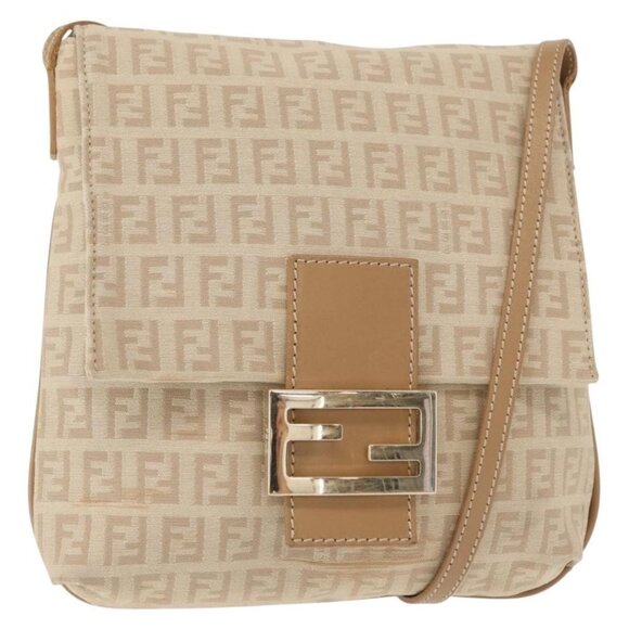 Authentic FENDI Zucchino Canvas Mamma Baguette Shoulder Bag Beige Silver